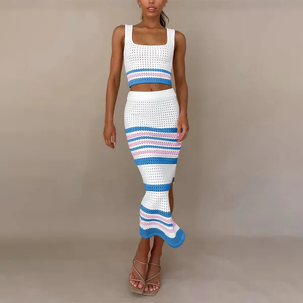 Women Fashion Stripe Knitted Color Block Sleeveless Crop Top Split Skirt Two-Piece Set