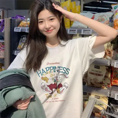 Women Casual Letter Slogan Butterfly Heart Print Round Neck Short-Sleeved T-Shirt Summer Pure Cotton Loose Fit