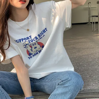 Women Casual Letter Slogan Butterfly Heart Print Round Neck Short-Sleeved T-Shirt Summer Pure Cotton Loose Fit