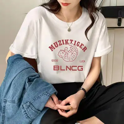 Women Casual Letter Slogan Butterfly Heart Print Round Neck Short-Sleeved T-Shirt Summer Pure Cotton Loose Fit