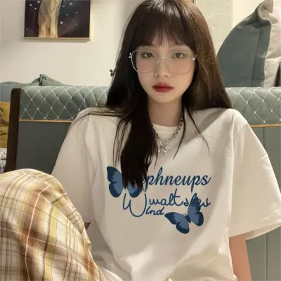 Women Casual Letter Slogan Butterfly Heart Print Round Neck Short-Sleeved T-Shirt Summer Pure Cotton Loose Fit