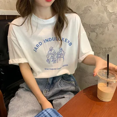 Women Casual Letter Slogan Butterfly Heart Print Round Neck Short-Sleeved T-Shirt Summer Pure Cotton Loose Fit