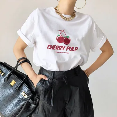 Women Casual Letter Slogan Butterfly Heart Print Round Neck Short-Sleeved T-Shirt Summer Pure Cotton Loose Fit