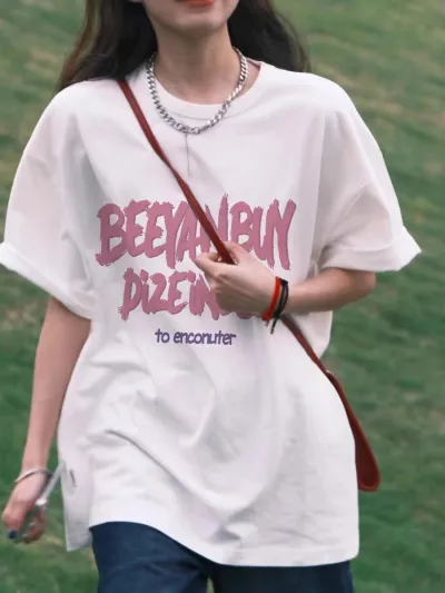 Women Casual Letter Slogan Butterfly Heart Print Round Neck Short-Sleeved T-Shirt Summer Pure Cotton Loose Fit