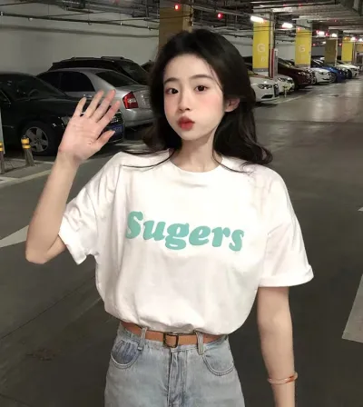 Women Casual Letter Slogan Butterfly Heart Print Round Neck Short-Sleeved T-Shirt Summer Pure Cotton Loose Fit
