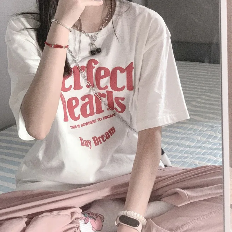 Women Casual Letter Slogan Butterfly Heart Print Round Neck Short-Sleeved T-Shirt Summer Pure Cotton Loose Fit