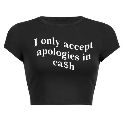 Women Casual Letter Slogan Print Round Neck Short-Sleeved Crop T-Shirt
