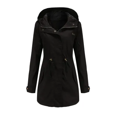 Women Hooded Drawstring Cotton Coat Jacket Urban Wind Solid Color Long Sleeve