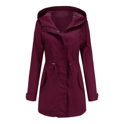 Women Hooded Drawstring Cotton Coat Jacket Urban Wind Solid Color Long Sleeve