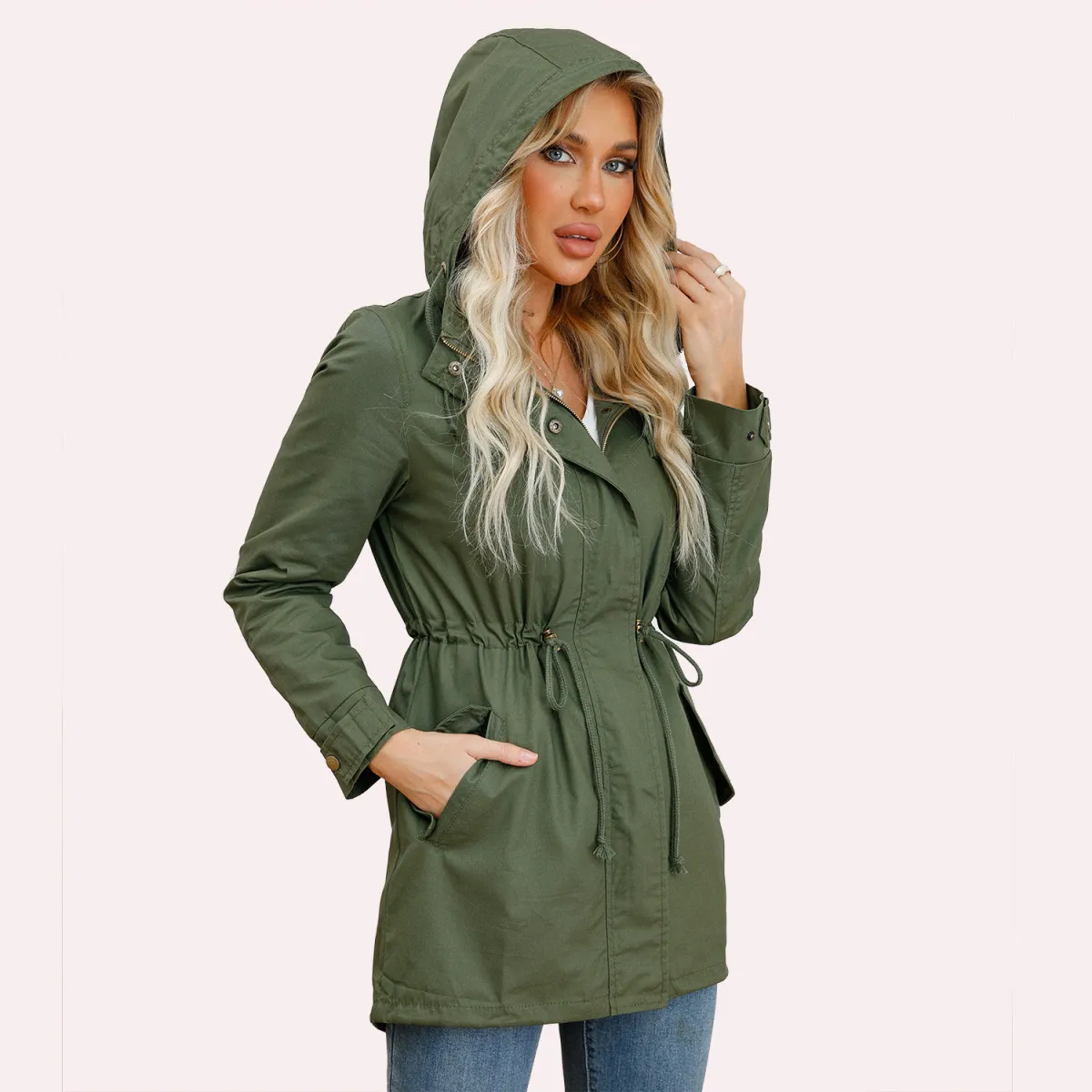 Women Hooded Drawstring Cotton Coat Jacket Urban Wind Solid Color Long Sleeve