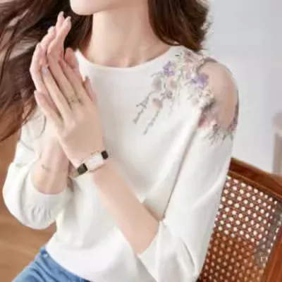 Women Sweet Fresh Floral Hollow Knitted Pullover Top