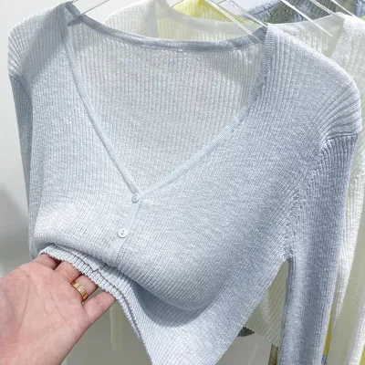 Women's Ice Silk Knitted Cardigan Top - Solid Color, UPF30 Sun Protection, Japanese Korean Leisure Style