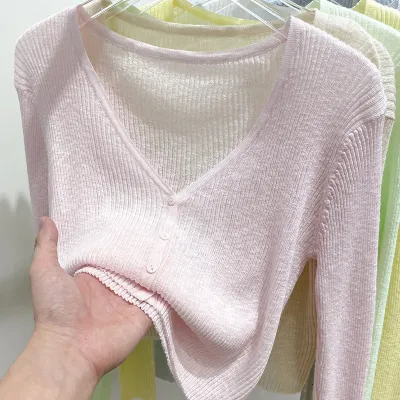 Women's Ice Silk Knitted Cardigan Top - Solid Color, UPF30 Sun Protection, Japanese Korean Leisure Style