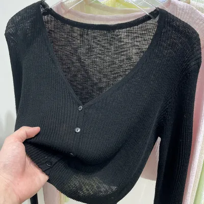 Women's Ice Silk Knitted Cardigan Top - Solid Color, UPF30 Sun Protection, Japanese Korean Leisure Style