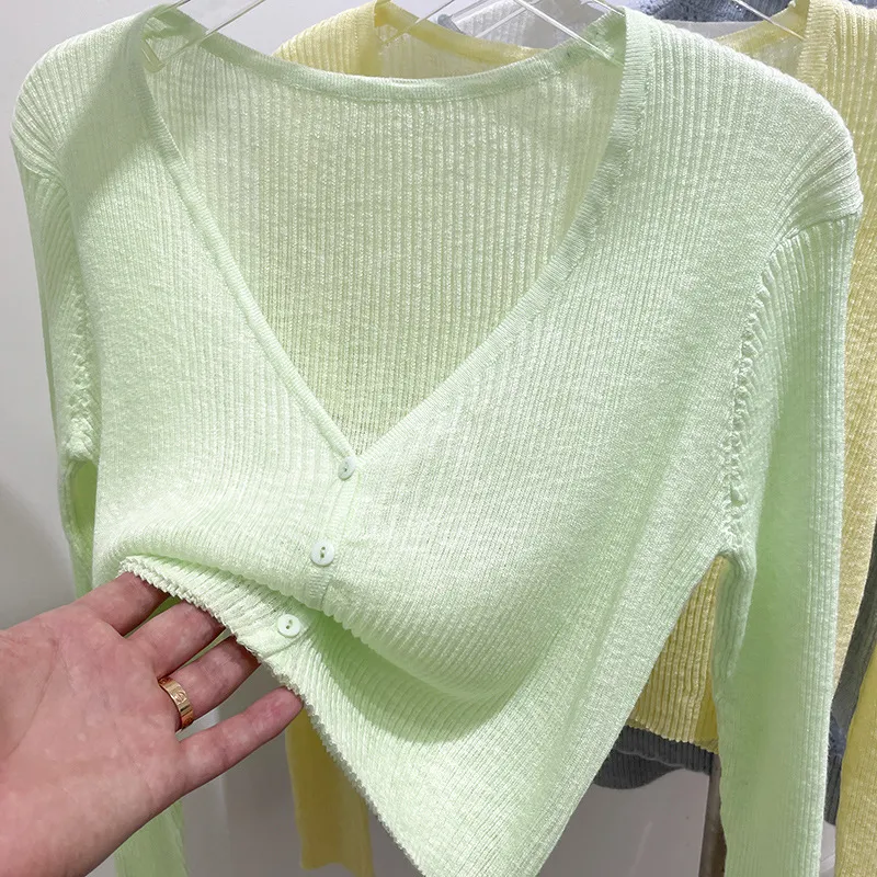 Women's Ice Silk Knitted Cardigan Top - Solid Color, UPF30 Sun Protection, Japanese Korean Leisure Style