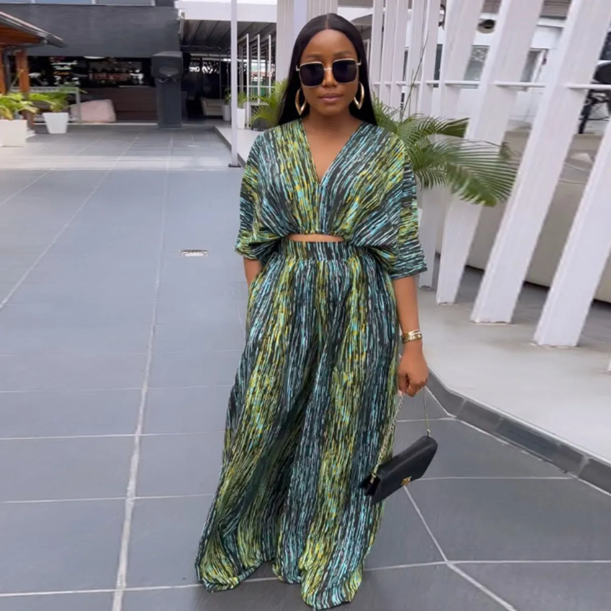 Women Fashion Sexy V-Neck Graphic Printed Top Wide Leg Pants Two-Piece Set