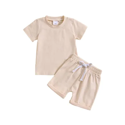 Kids Baby Boys Girls Casual Solid Color Short Sleeve Round Neck T-Shirt Shorts Set Two-Piece Pullover Cotton Outfit