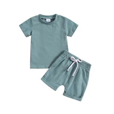 Kids Baby Boys Girls Casual Solid Color Short Sleeve Round Neck T-Shirt Shorts Set Two-Piece Pullover Cotton Outfit