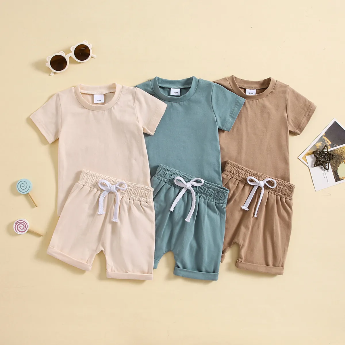 Kids Baby Boys Girls Casual Solid Color Short Sleeve Round Neck T-Shirt Shorts Set Two-Piece Pullover Cotton Outfit