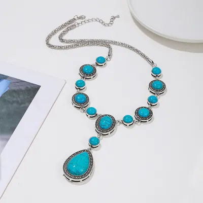 Women Fashion Retro Turquoise Round Drop Geometric Necklace