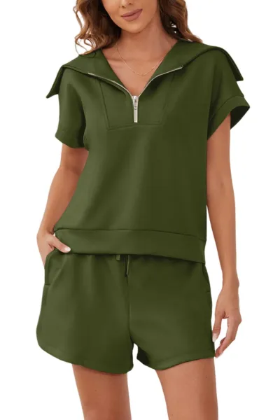 Women Fashion Casual Lapel Half Zipper Short Sleeve Top Shorts Two-Piece Set