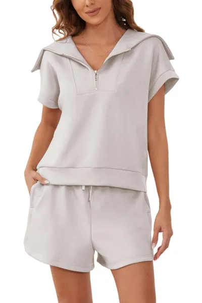 Women Fashion Casual Lapel Half Zipper Short Sleeve Top Shorts Two-Piece Set