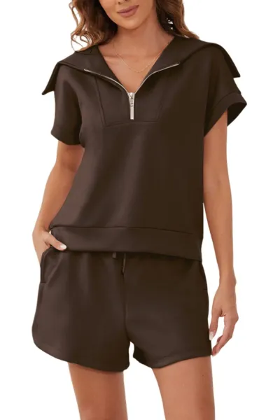 Women Fashion Casual Lapel Half Zipper Short Sleeve Top Shorts Two-Piece Set
