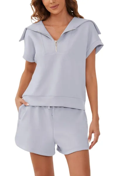 Women Fashion Casual Lapel Half Zipper Short Sleeve Top Shorts Two-Piece Set