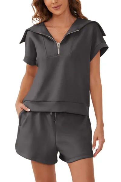Women Fashion Casual Lapel Half Zipper Short Sleeve Top Shorts Two-Piece Set