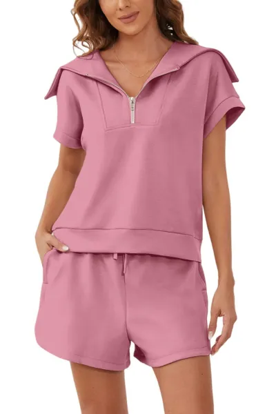 Women Fashion Casual Lapel Half Zipper Short Sleeve Top Shorts Two-Piece Set