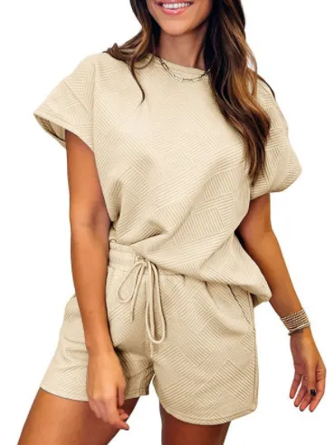 Women Casual Solid Color Round Neck Short-Sleeved Top Lace-Up Shorts Two-Piece Set
