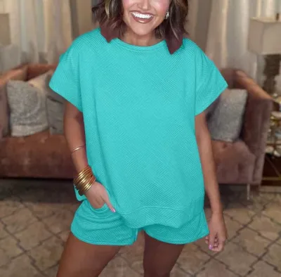 Women Casual Solid Color Round Neck Short-Sleeved Top Lace-Up Shorts Two-Piece Set