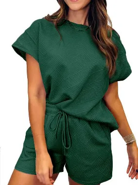 Women Casual Solid Color Round Neck Short-Sleeved Top Lace-Up Shorts Two-Piece Set