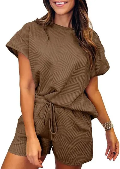 Women Casual Solid Color Round Neck Short-Sleeved Top Lace-Up Shorts Two-Piece Set