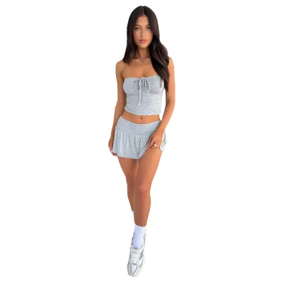 Women Fashion Sexy Strapless Drawstring Crop Top Skirt Set