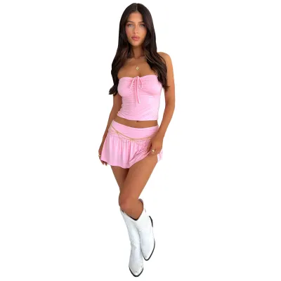 Women Fashion Sexy Strapless Drawstring Crop Top Skirt Set