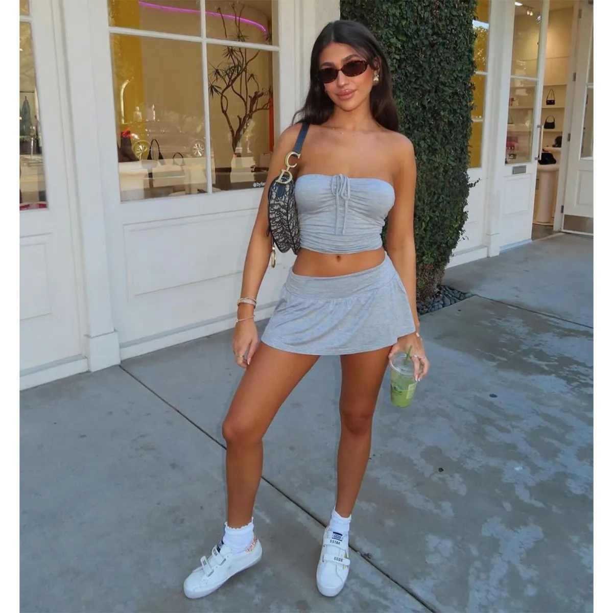 Women Fashion Sexy Strapless Drawstring Crop Top Skirt Set