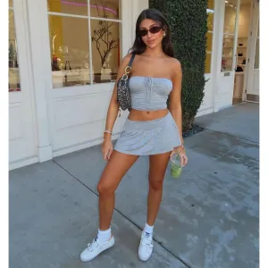 Women Fashion Sexy Strapless Drawstring Crop Top Skirt Set