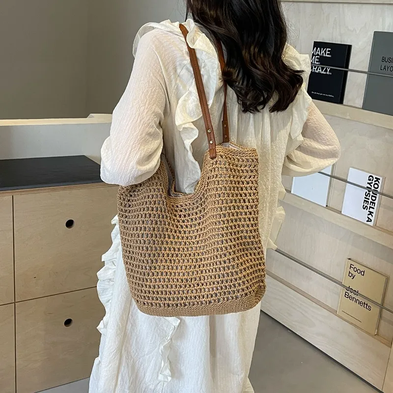 Summer Women Casual Vacation Beach Straw Woven Large Capacity Shoulder Tote Bag