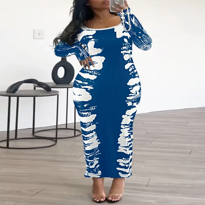Summer Women Plus Size Geometric Printed Long Sleeve Tight Dress