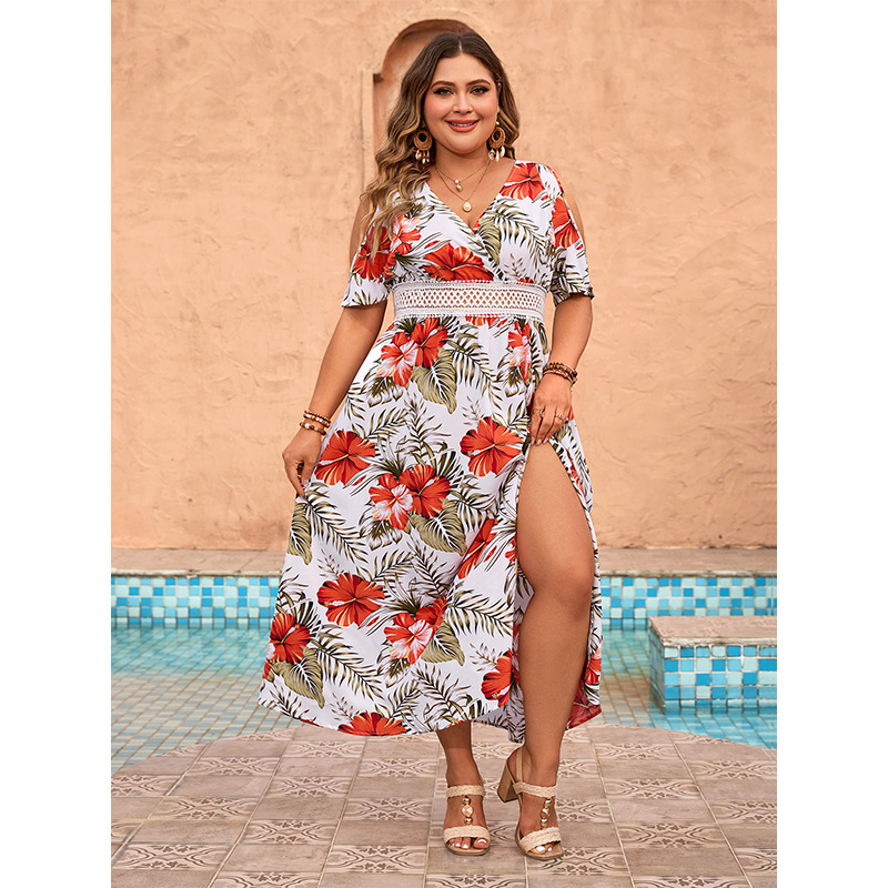 Wholesale Summer Women Fashion Plus Size Floral Print V-Neck