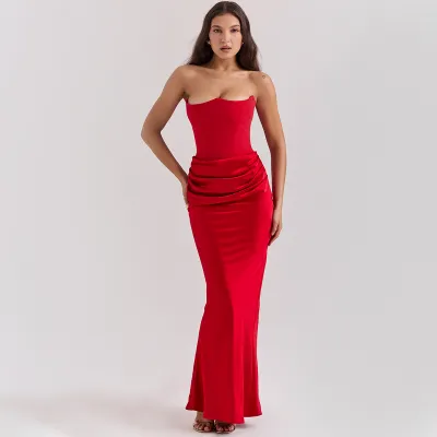 Summer Women Fashion Sexy Fishbone Strapless Slim-Fit Backless Velvet Party Dress