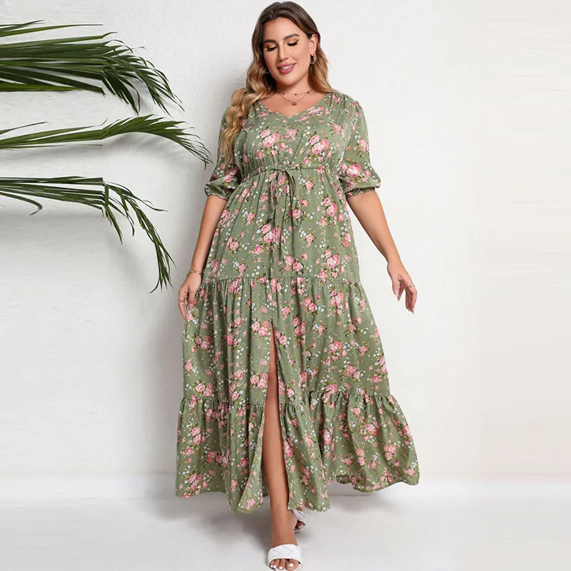 Summer Women Casual Bohemian Floral Print Loose Plus Size Long Dress