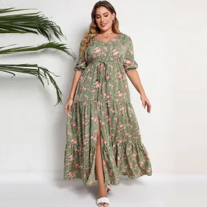 Summer Women Casual Bohemian Floral Print Loose Plus Size Long Dress