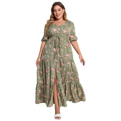 Summer Women Casual Bohemian Floral Print Loose Plus Size Long Dress