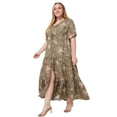 Summer Women Casual Bohemian Floral Print Loose Plus Size Long Dress