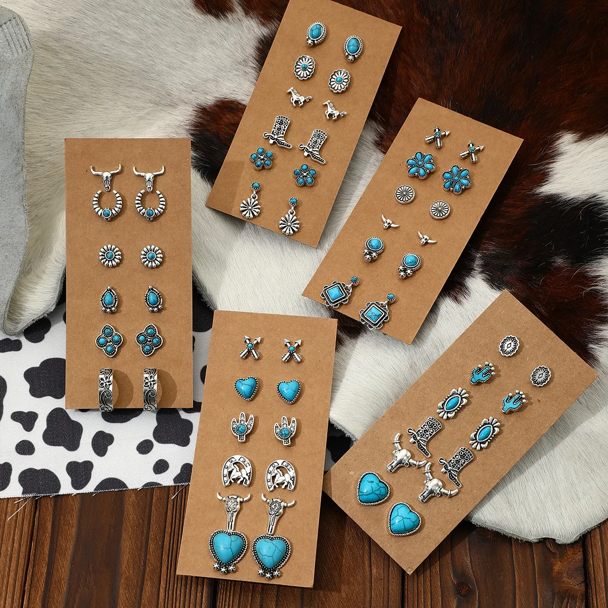 Women Simple Retro Turquoise Tauren Boots Moon Drops Earrings 6 Pair