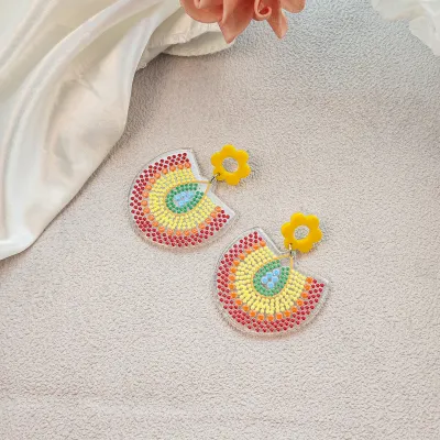 Women Retro Bohemian Colorful Round Polka Dot Floral Acrylic Earrings
