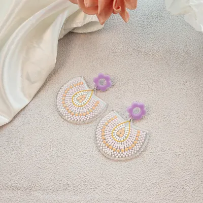 Women Retro Bohemian Colorful Round Polka Dot Floral Acrylic Earrings