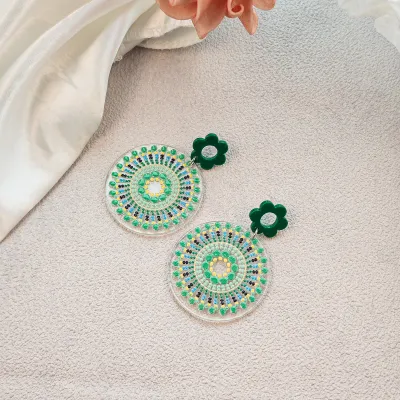 Women Retro Bohemian Colorful Round Polka Dot Floral Acrylic Earrings